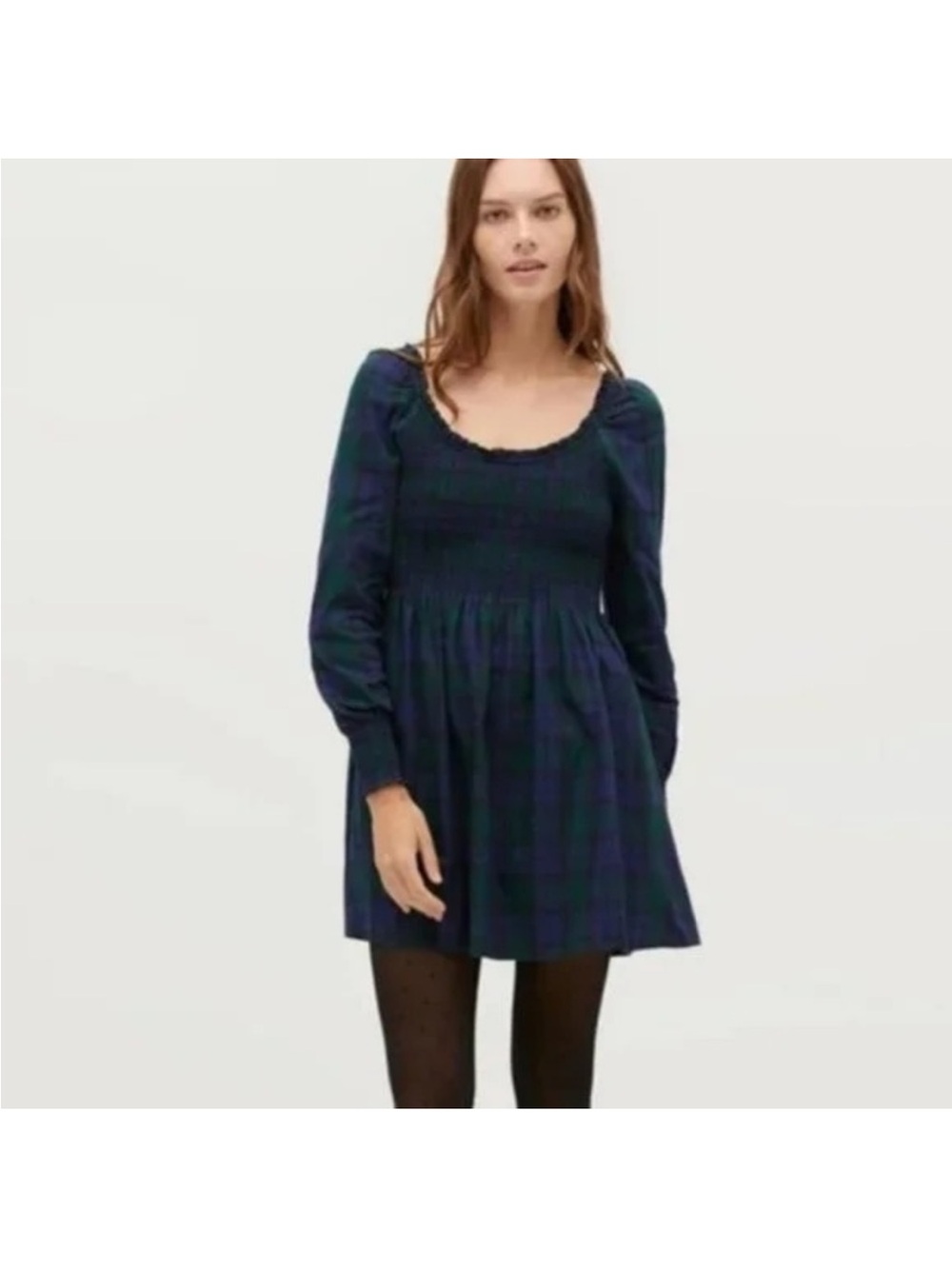 Hill House Smocked Plaid Long Sleeve Mini Dress - Dark Green & Navy Medium